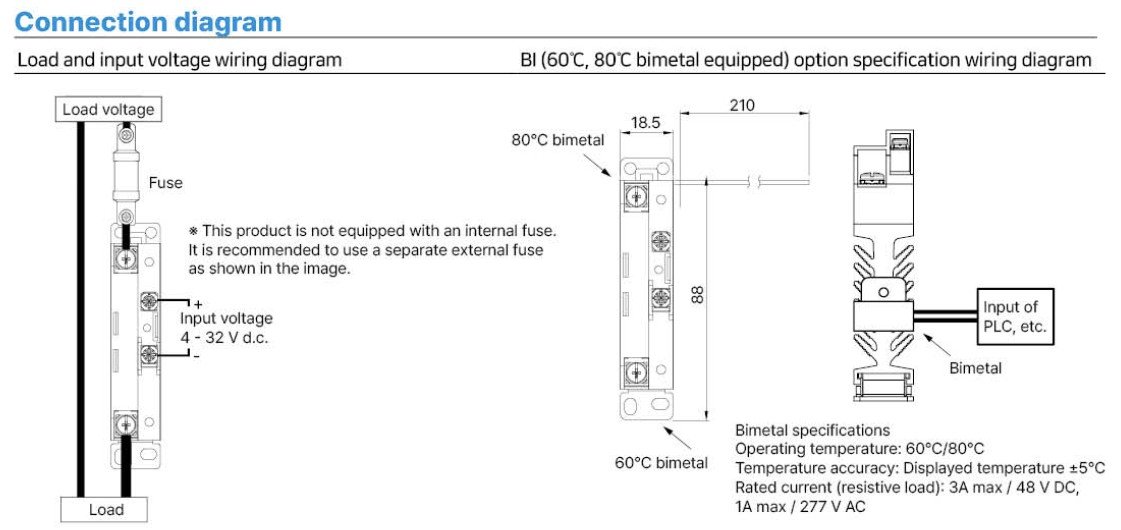 KSR-SL load and input voltage wiring diagram, plus optional bimetal switch wiring